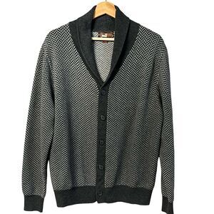 Toscano Mens Wool Herringbone Cardigan Sweater Size L Shawl Collar Dark Academia
